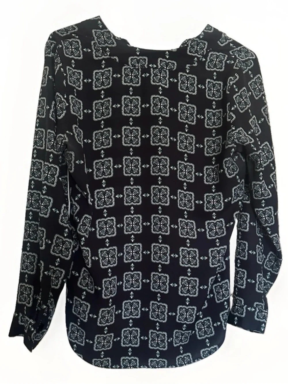 Ann Taylor Navy Blouse with Teal and White Medallion Pattern